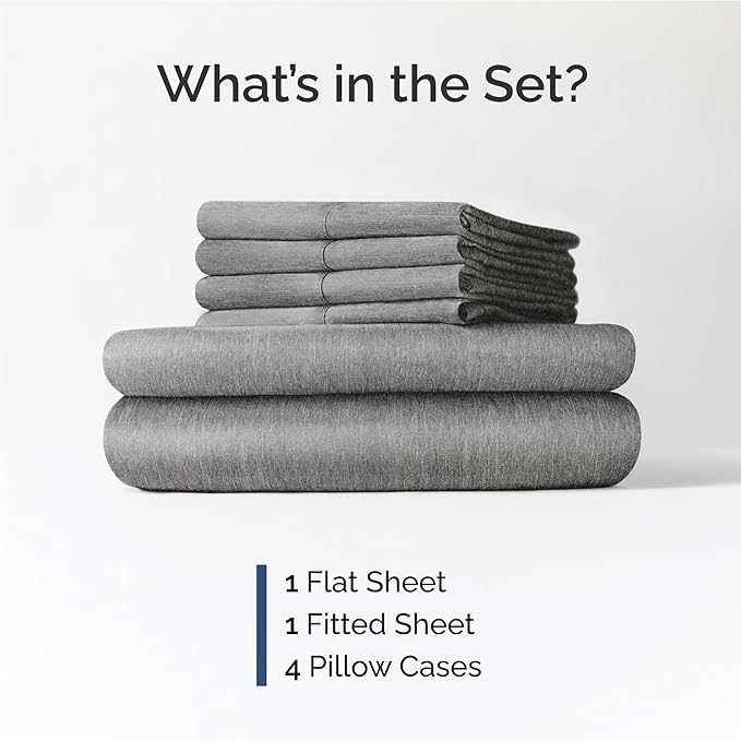 Full 6 Piece Sheet Set - Comfy, Breathable & Cooling - Soft Hotel Luxury Bedding for Women, Men, Kids, Teens and Children - 1 Flat & 1 Fitted Sheet & 4 Pillowcases with Deep Pockets - Heathered Grey