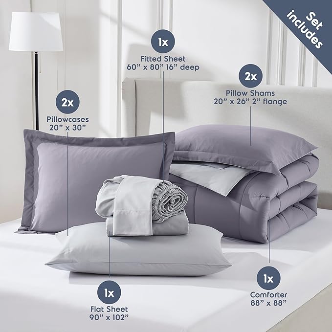 Nestl 9 Piece Queen Comforter Set – Grayish Purple Reversible Bed in a Bag – Complete Queen Size Bedding Set with Sheets, Set of 2 Down Alternative Pillows, Pillowcases and Shams