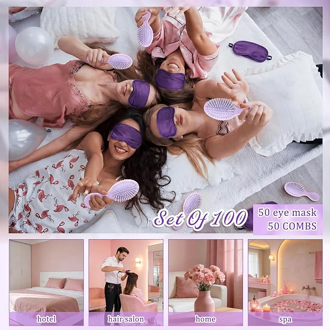 Meanplan 100 Pcs Mini Hair Brush Set 50 Sleep Mask 50 Portable Wet Dry Hair Combs Detangling for Women Spa Sleepover Party Supplies for Travel Team Building Wedding Bridesmaid Gifts(Purple)