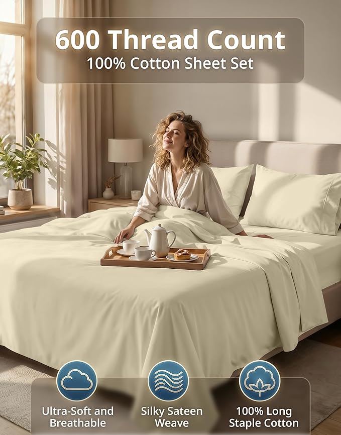 LANE LINEN King Size Bed Sheet Set – 600 Thread Count Long-Staple 100% Cotton Sheet Set King Size, Hotel Premium Soft Silky Sateen Finish, Durable Bedding Set, Elasticised 15" Deep Pocket – Linen