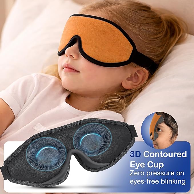 3D Sleep Mask for Kids, Light Block Sleeping Blindfold Memory Foam Contoured Eye Mask for Sleep, Adjustable Strap Eye Cover and Travel Sleep Mask for Boys Girls, Orange