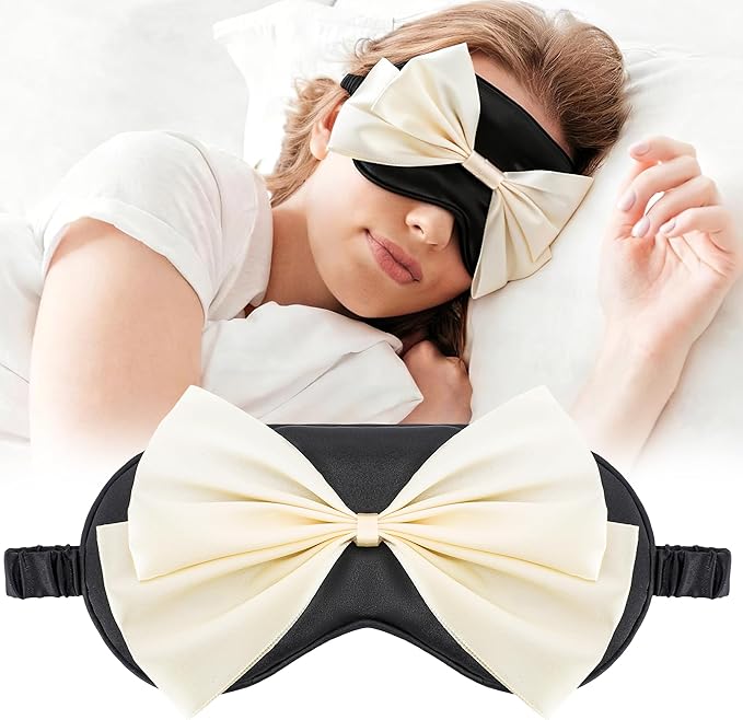 Silk Bow Sleepping Eye Mask - Soft Silk Black Comfortable Blindfold Block Light Eyes Masks for Women Travel Bed Sleep Office Sleepover Nap Party Gift Supplies
