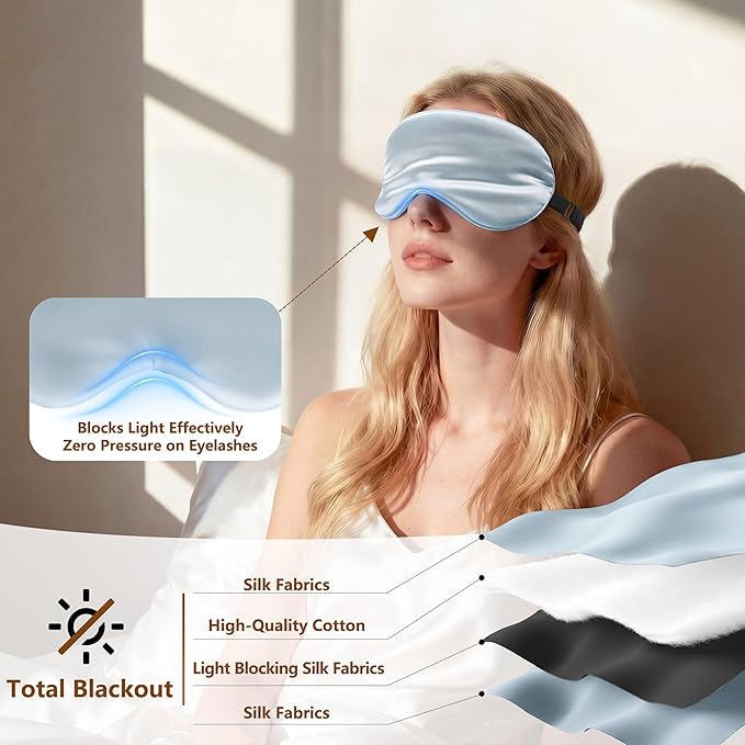 Sleep Mask Silk Eye Mask for Men Sleeping Mask, Adjustable Elastic Strap for Night Shading Sleep Mask, Soft and Comfortable for Both Men and Women (Light Blue, 3 Packs)