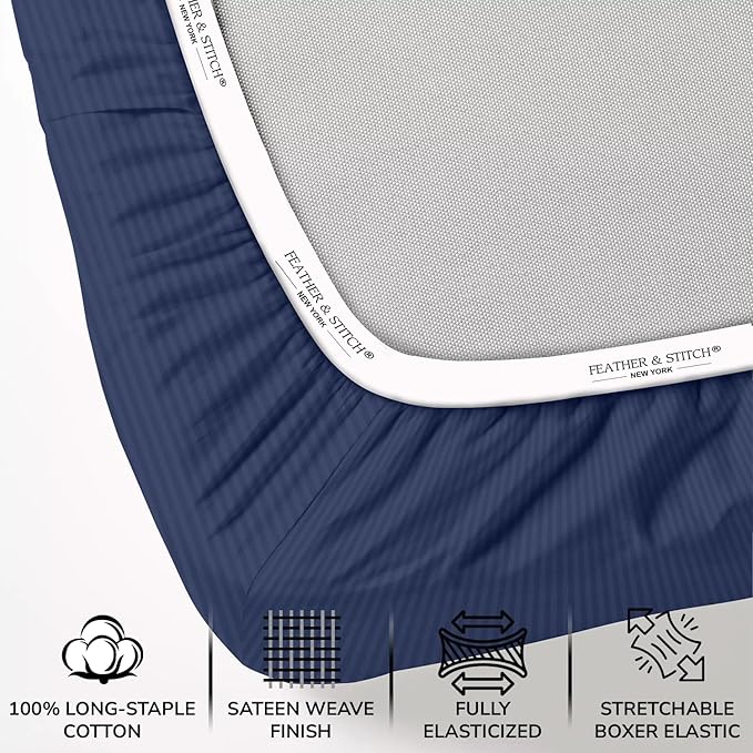 Feather & Stitch 500 TC Full Size Damask Bed Sheet Set, 100% Cotton Soft Breathable Bedsheets, 4 Piece 18" Deep Pockets Sateen Weave Striped Bedding Mattress Resort Hotel Luxury - (Dark Blue Stripe)