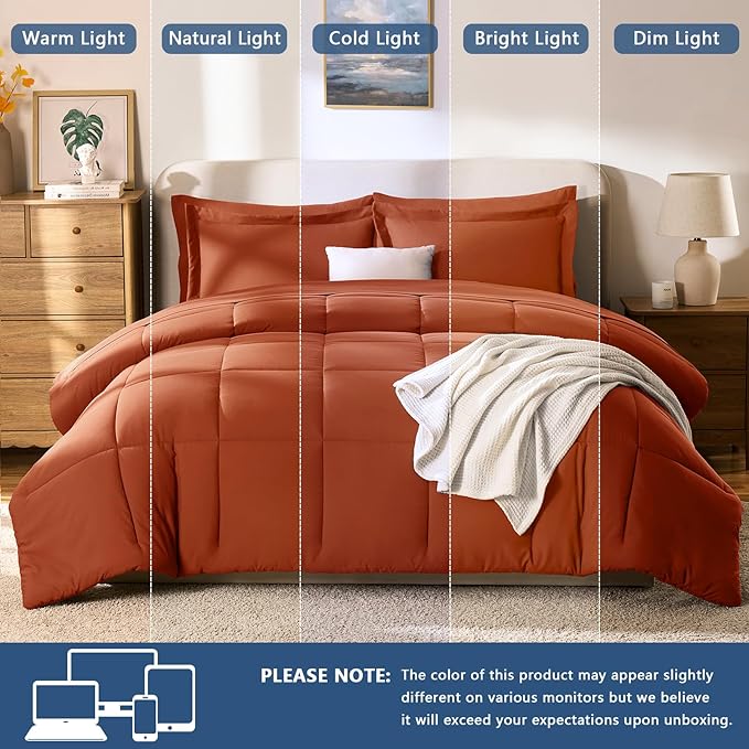 CozyLux King Size Comforter Set Terracotta - 7 Pieces Bed in a Bag King, Okeo-Tex Certifited Bedding Set, All Season Soft Bed Set with Down Alternative Comforter, Sheets, Pillowcases & Pillow Shams