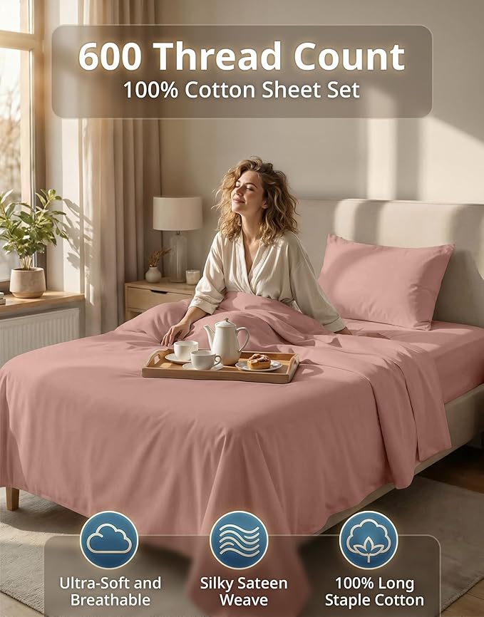 LANE LINEN Twin Sheets Set - 600 Thread Count Sateen Weave for Premium Feel - 100% Extra Soft Cotton Sheet Set - 15'' Deep Pocket for Snug Fit to Your Mattress - Oeko Tex Certified - Sepia Rose