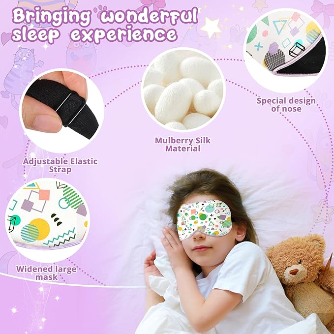 Kids Sleep Mask Eye Cover: 100% Real Natural Pure Silk Eye Mask with Adjustable Strap, Funny Blindfold Kids Eye Mask for Sleeping, Soft & Lightweight Eye Shade for Boys Girls Teens (Memphis Style)