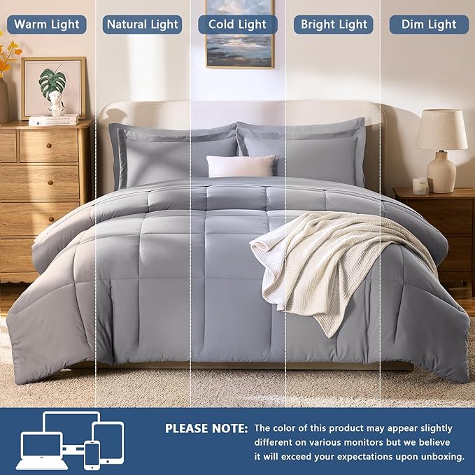 CozyLux King Size Comforter Set Grey - 7 Pieces Bed in a Bag King, Okeo-Tex Certifited Bedding Set, All Season Soft Bed Set with Down Alternative Comforter, Sheets, Pillowcases & Pillow Shams
