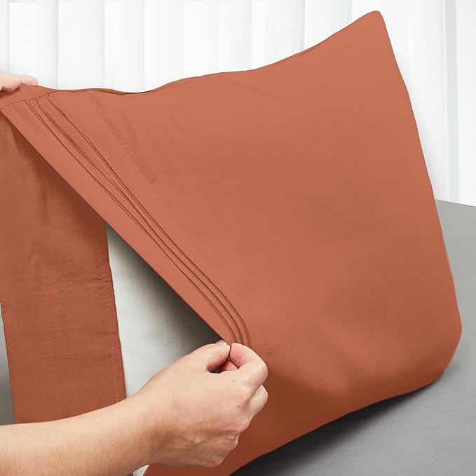 Mocassi 2-Piece Premium King Pillowcase Set 1800 Series Hotel Quality Microfiber - Soft and Breathable with 3-Line Embroidery Wrinkle and Stain Resistant, Easy Care, 20" x 40", Cooper