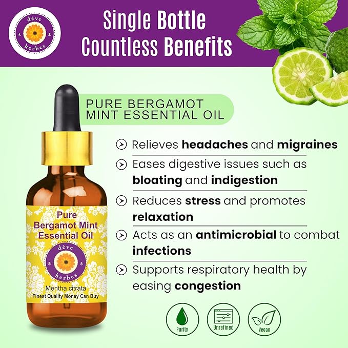 Deve Herbes Pure Bergamot Mint Essential Oil (Mentha citrata) with Glass Dropper Steam Distilled 10ml (0.33 oz)