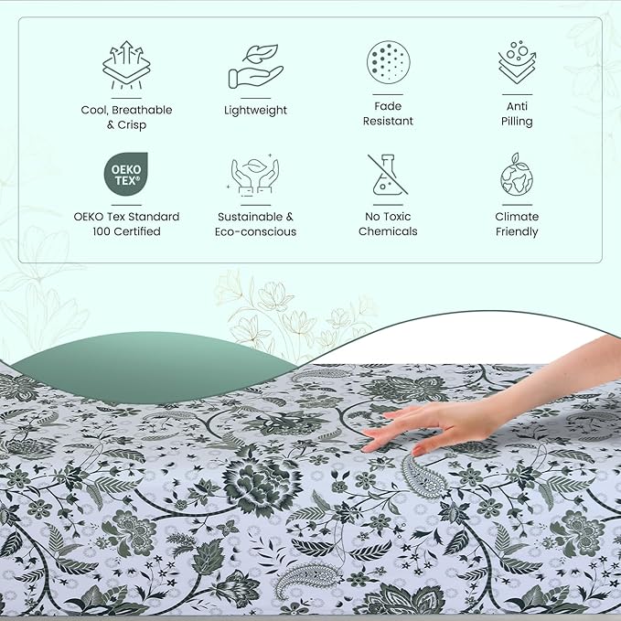 Feather & Stitch Softest 100% Cotton Sheets, 300 Thread Count Percale Weave Bedding, 16" Deep Pocket, Cooling Sheets, Breathable Bed Set, Hotel Premium Quality (Full, Green Floral Paisley)