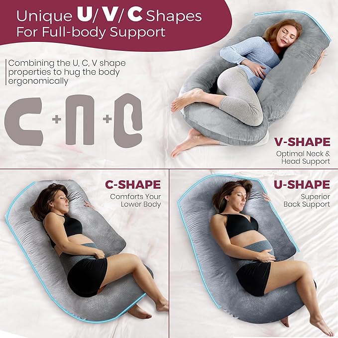 PILLANI Pregnancy Pillows for Sleeping – 57-Inch Maternity Pillow for Pregnant Women with Removable Washable Cover – Support for Back, Belly, Neck, Legs, and Hips – V C U Shaped Full Body Pillow