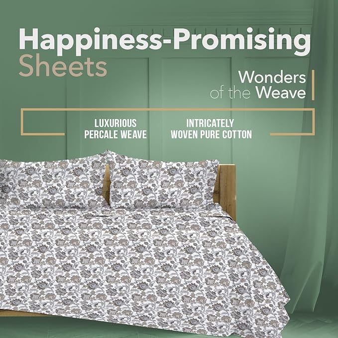 TEXAS LINEN CO. 100% Organic Cotton Printed Sheets Twin XL Size - 3 PC Organic Cotton Percale Sheets Twin XL (Floral Ivory), Cooling Sheet for Dorm Room, 16" Deep Pocket Hotel Set - GOTS Certified