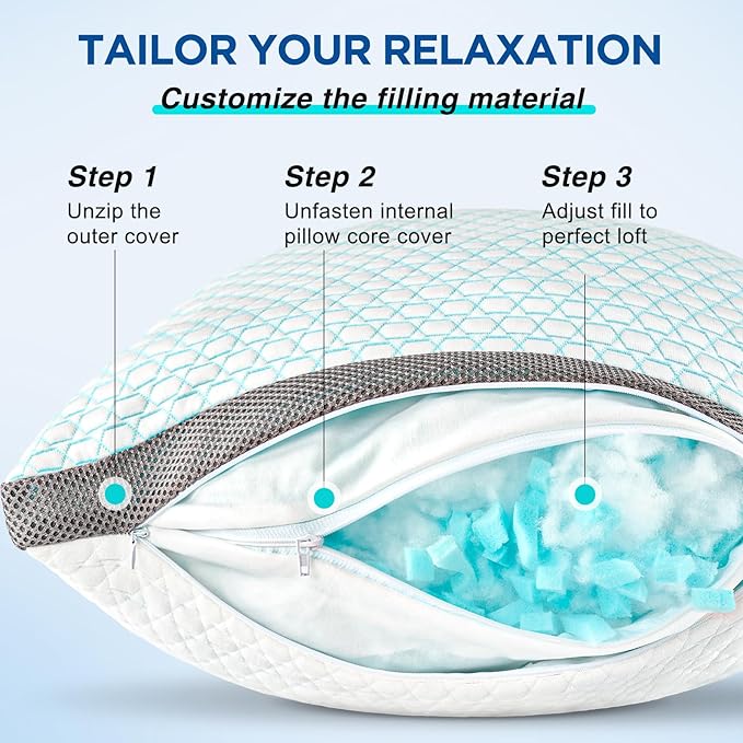 Cooling Pillows Standard Size Set of 2, Shredded Memory Foam Pillows 2 Pack, Bed Pillow for Hot Sleepers Adjustable Firm Pillow for Side, Back and Stomach Sleepers, Machine Washable