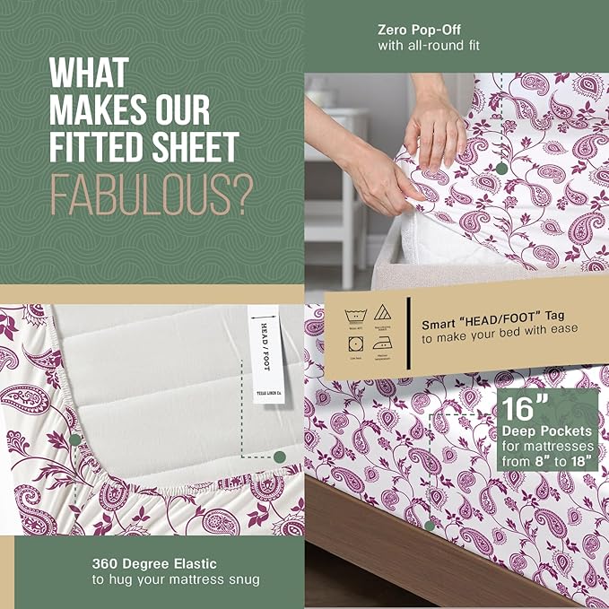 TEXAS LINEN CO. 100% Organic Cotton Printed Sheets Queen Size - 4 PC Organic Cotton Percale Sheets Queen Set (Paisley), Cooling & Breathable Sheet, 16" Deep Pocket Hotel Bedding - GOTS Certified