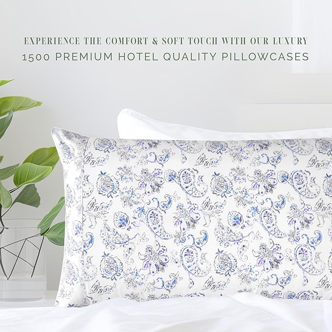 Elegant Comfort Ultra Soft Set of 2 Floral Print Pillowcases - 1500 Premium Hotel Quality Microfiber, Soft and Smooth Envelope Closure 2-Piece Pillow Covers - Standard/Queen, Paisley Indigo