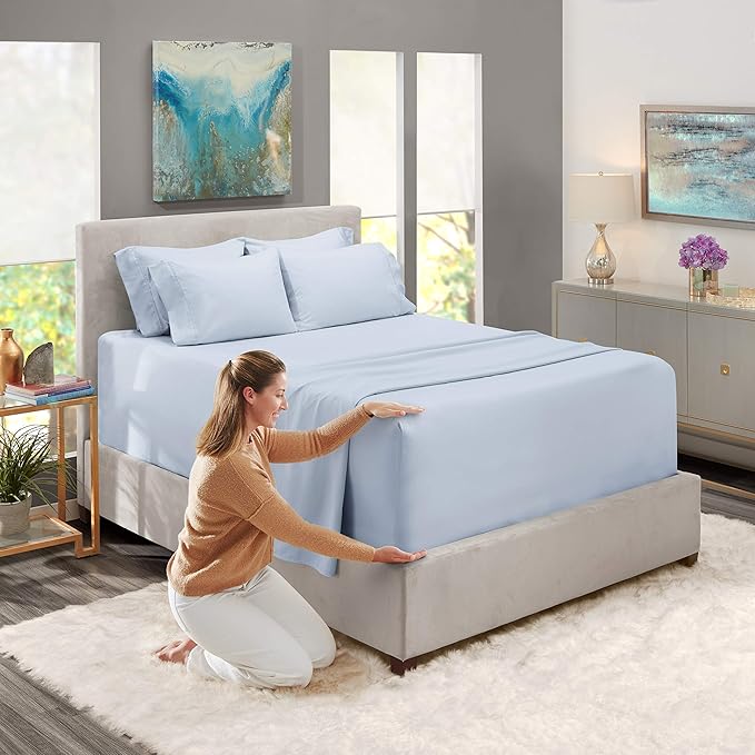 Hearth & Harbor Extra Deep Pocket Sheets - Fits Mattress 18-24 Inches Deep - Extra Deep Pocket Split King Size Sets - 7 Piece Split King Size - Ice Blue
