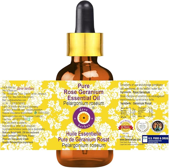 Deve Herbes Pure Rose Geranium Essential Oil (Pelargonium roseum) with Glass Dropper Steam Distilled 15ml (0.50 oz)
