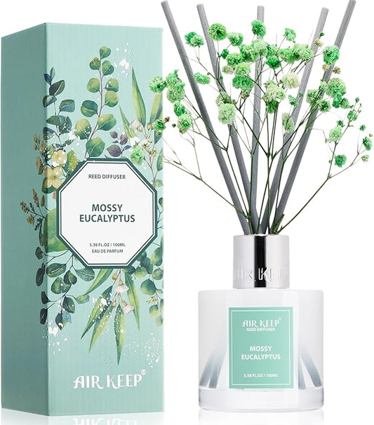 Airkeep Reed Diffuser Set,3.38 fl oz (100 ml) - Moss Eucalyptus Oil Diffusers with 8 Reed Sticks, Home Fragrance Reed Diffuser for Bathroom Shelf Decor