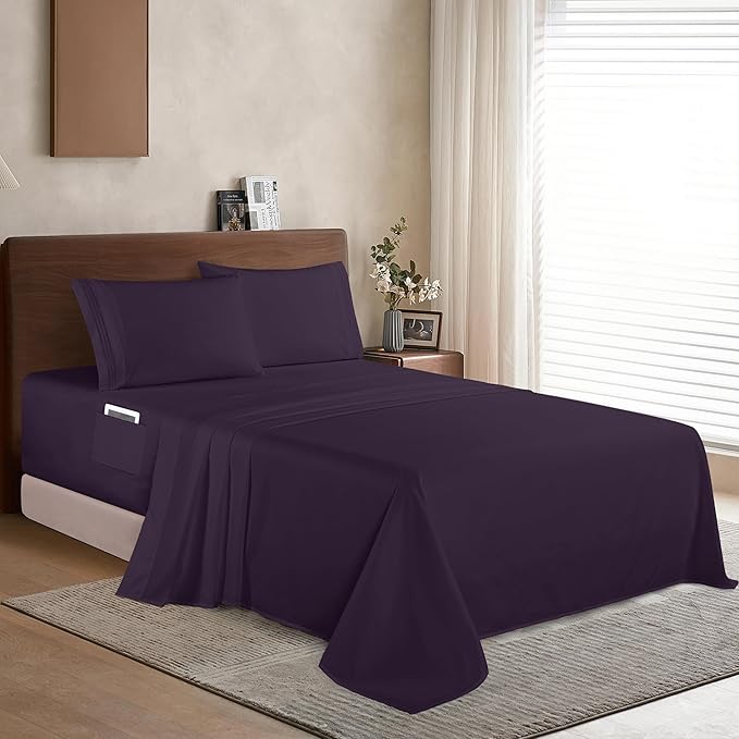 Elegant Comfort Luxury 1500 Premium Hotel Quality Microfiber 4-Piece Sheet Set - Soft, All Around Elastic 18-24 Inches Deep Fitted Sheet - Extra Deep Pocket Sheets, Full, Eggplant-Purple