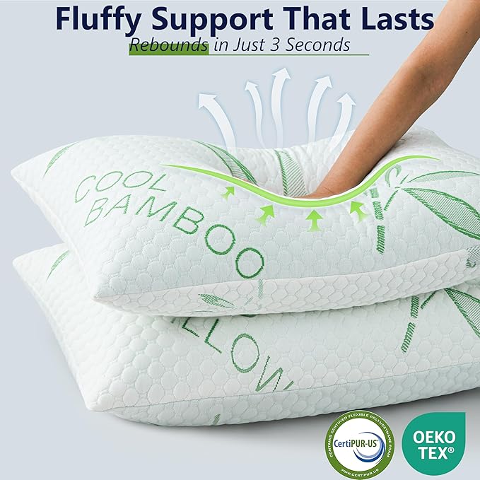 Shredded Memory Foam Pillows, Cooling Pillows Queen Size Set of 2 Adjustable Firm Bamboo Bed Pillows for Hot, Side, Back and Stomach Sleepers