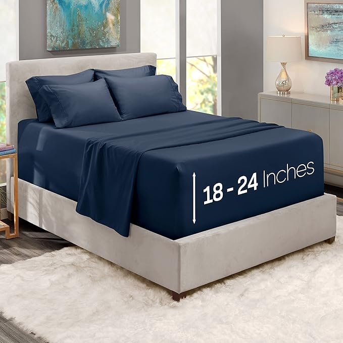 Hearth & Harbor Extra Deep Pocket Sheets - Fits Mattress 18-24 Inches Deep - Extra Deep Pocket Twin XL Sheets Sets - 4 Piece Twin XL Size - Navy Blue