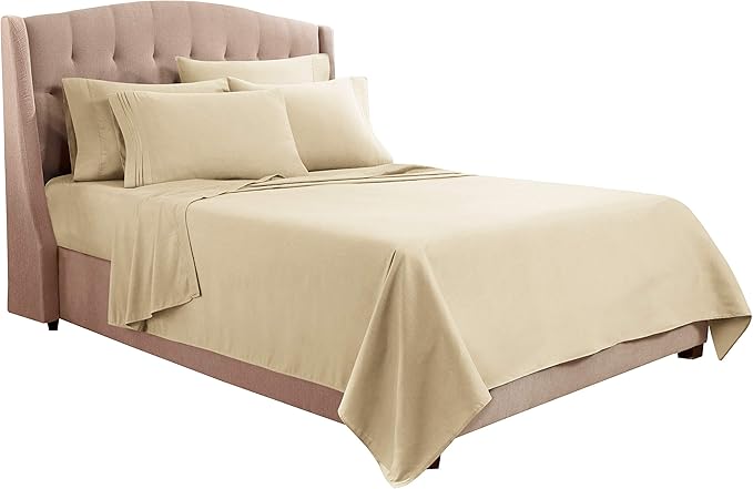 Clara Clark Queen Sheets, 6 Piece Set - Hotel Luxury Sheets for Queen Size Bed, Super Soft Bedding Set, Beige Cream