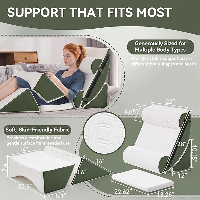 7PCS Wedge Pillow Set for After Surgery,Bed Orthopedic Pillow for Sleeping, Memory Foam Back Pillow for Pain Relief and Acid Reflux, Adjustable Sitting Up for Bed Post Surgery Pillow Green