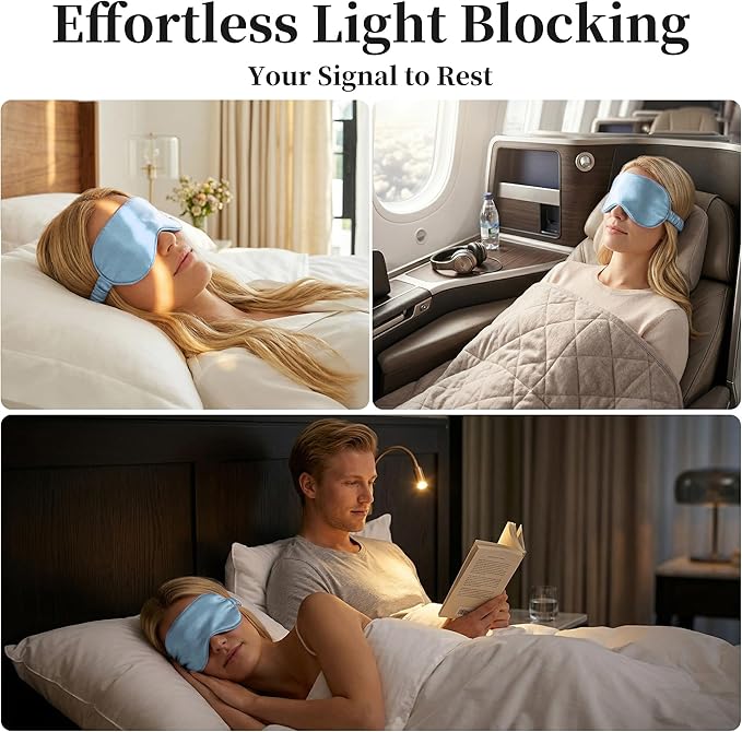 ZLYC 100% Mulberry Silk Sleep Mask Pressure-Free Eye Cover Soft Light Blocking Blindfold for Travel & Nap, Solid Light Blue