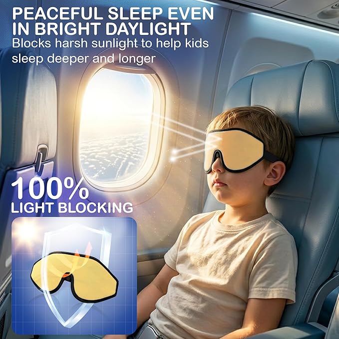 3D Sleep Mask for Kids, Light Block Sleeping Blindfold Memory Foam Contoured Eye Mask for Sleep, Adjustable Strap Eye Cover and Travel Sleep Mask for Boys Girls, Yellow