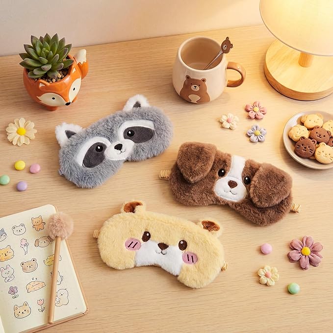 Geyoga 3 Pcs Sleep Mask for Kids, Girls Plush Sleeping Eye Cover Soft Eye Blindfold Cover Animal Shade for Kids(Colorful,Dog, Hamster, Raccoon Style)