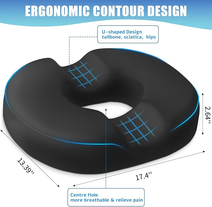 BlissTrends Donut Pillow Seat Cushion,Donut Chair Cushions for Postpartum Pregnancy & Hemorrhoids,Tailbone Pain Relief Cushion,Memory Foam Lifting Cushions for Office&Home Chairs (Black)