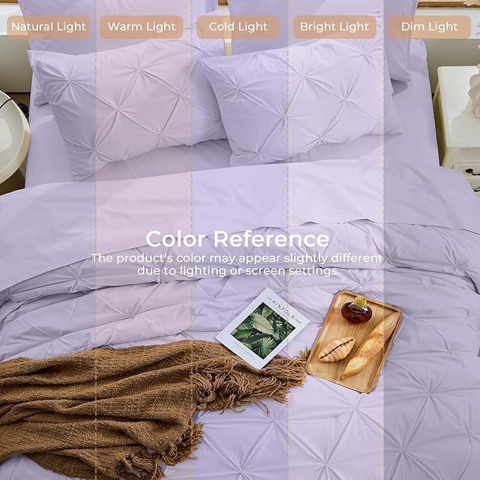 Sasttie California King Comforter Set, 7-Piece Bed in a Bag, Pintuck Bedding Sets for All Season, Includes Comforter, Flat Sheet, Fitted Sheet, Pillowcases and Pillowshams, Lavender