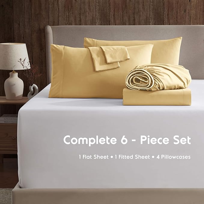 Nestl Extra Deep Full Sheet Set - 6 Piece Breathable & Cooling Sheets - Hotel Luxury Bedding Set w/18-24 Inch Deep Pockets - Easy & Secure Fit - Super Soft, Wrinkle Free & Comfy - Camel Gold