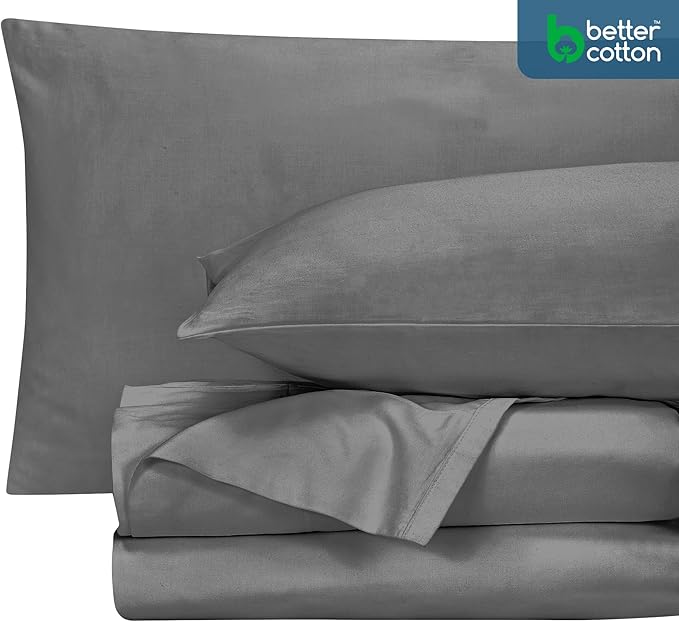 ROYALE LINENS 400 Thread Count 100% American Grown Cotton 3 Piece Sateen Twin Sheet Set - 1 Fitted Sheet, 1 Flat Sheet, 1 Pillow case - Grey Twin Bedsheet - Cotton Sheets - (Twin, Spanish Slate)