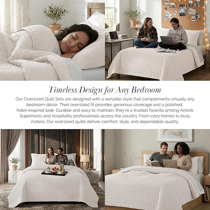 Southshore Fine Living, Inc. Quilted Summer Comforter, Queen Size Bedding Set with 2 Quilted Pillow Shams, Geometric Circle Design Coverlet, Queen/Full Size Bedspread, Lightweight Quilt, Bone