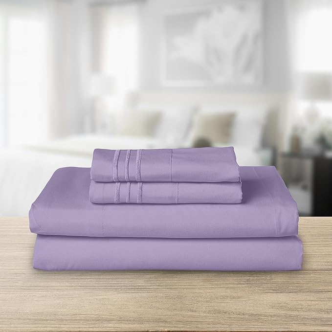 Elegant Comfort Luxurious 1500 Premium Hotel Quality Microfiber Three Line Embroidered Softest 4-Piece Bed Sheet Set, Wrinkle and Fade Resistant, Queen, Lavender