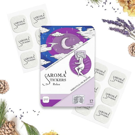 AROMA STICKERS® Original Blend RELAX Edition- 100% Natural Essential Oil Scented Mask Stickers for Face Mask & Pillow (12 Stickers/pc) -Personal Aroma/Relaxing (Pack of 1)