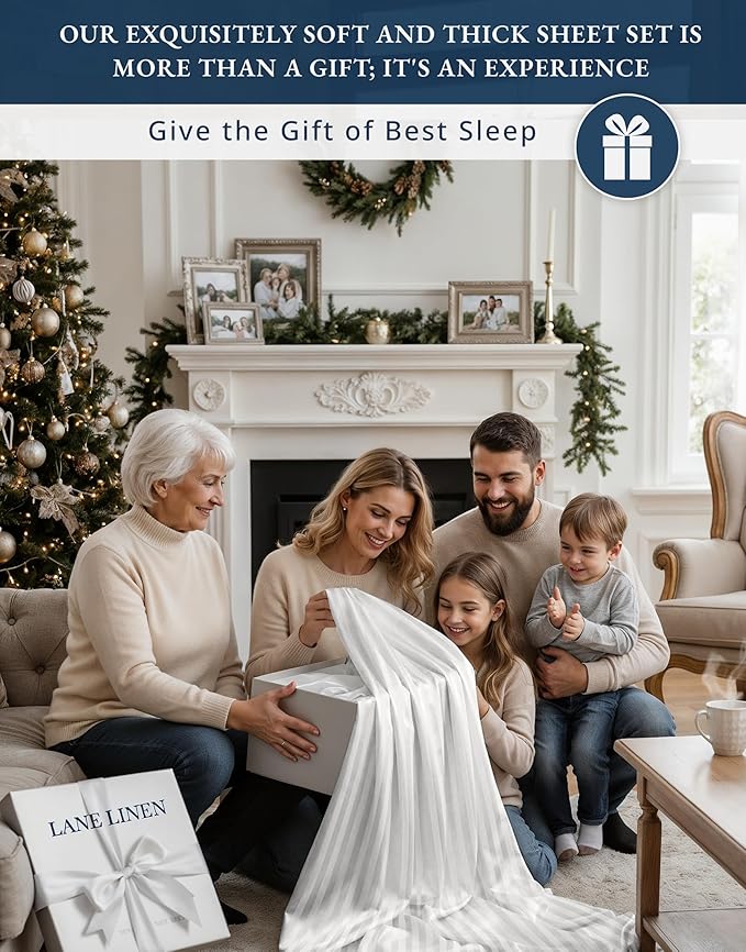 LANE LINEN Striped Sheets Set - 100% Egyptian Cotton 4 Piece Bed for King Size Hotel Bedding & Pillowcases 16" Deep Pocket (Fits Upto 17" Mattress) White