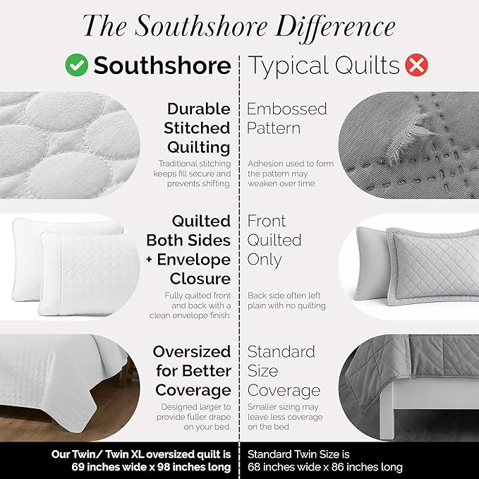 Southshore Fine Living, Inc. Twin XL Comforter Quilt Set, Dorm Room Bedding Essentials, Stain Resistant, Machine Washable Bed Spread, Twin XL White Quilt Bedspread Set w/Pillow Sham, Bright White
