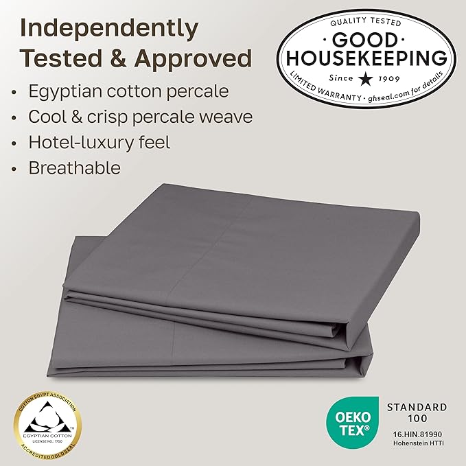 California Design Den 100% Egyptian Cotton Pillow Cases Standard Size/Queen Size Set of 2 - Crisp Percale Feel, Soft & Breathable Pillow Cases Cotton - Grey