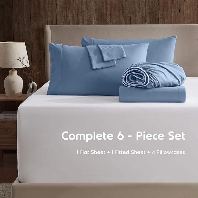 Nestl Extra Deep King Sheet Set - 6 Piece Breathable & Cooling Sheets - Hotel Luxury Bedding Set w/18-24 Inch Deep Pockets - Easy & Secure Fit - Super Soft, Wrinkle Free & Comfy - Blue Heaven