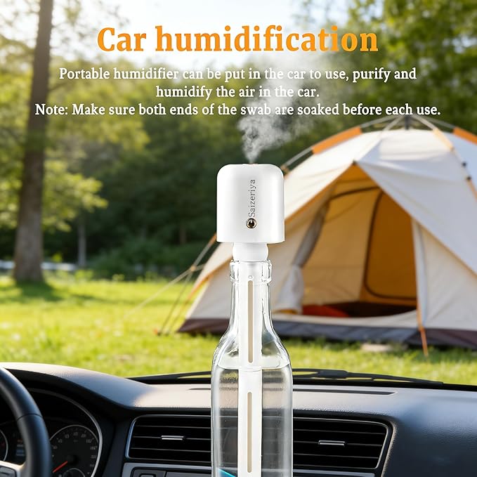 Mini Humidifier, Portable Humidifiers for Travel, White Small Personal Mist Maker with USB Use Quiet Air Diffuser with Adjustable Length for Car Bedroom Office Use