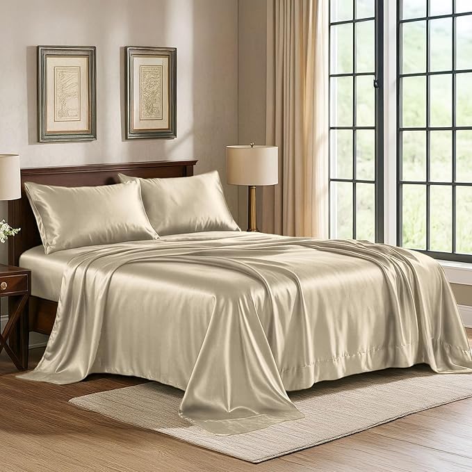 Satin Sheets Twin [3-Piece, Champagne Gold] Hotel Luxury Silky Bed Sheets - Extra Soft 1800 Microfiber Sheet Set, Wrinkle, Fade, Stain Resistant - Deep Pocket Fitted Sheet, Flat Sheet, Pillow Cases