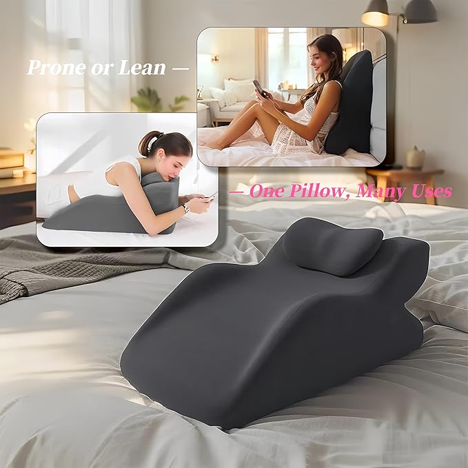 Memory Foam Wedge Pillow for Sleeping and Reading, Ergonomic Multi-Purpose Backrest, Superior Neck & Shoulder Support with Removable Cover (Dark Gray)