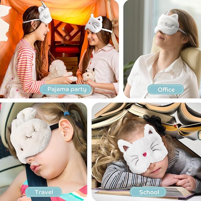 Geyoga 3 Pcs Sleep Mask for Kids, Girls Plush Sleeping Eye Cover Soft Eye Blindfold Cover Animal Shade for Kids(White,Cat and Unicorn Style, White)