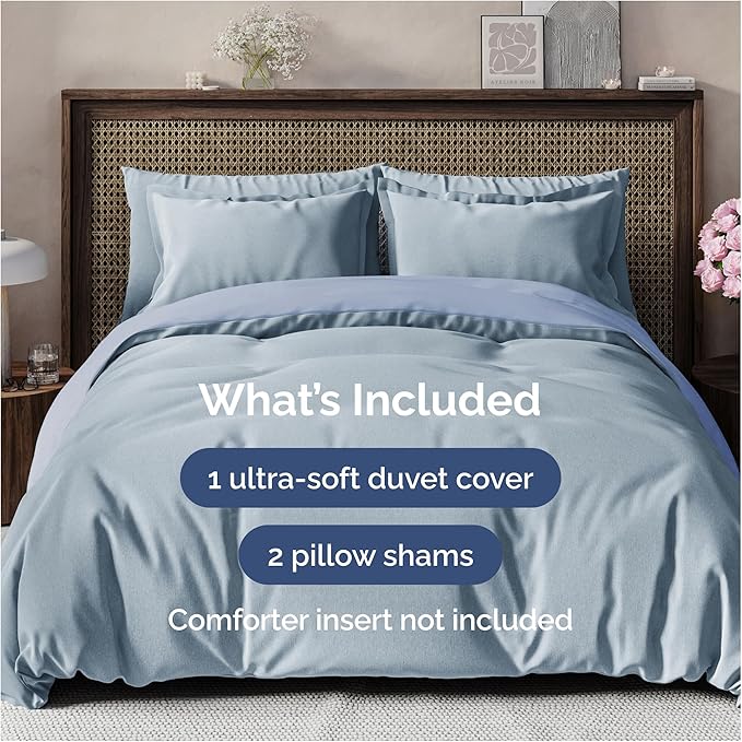 Duvet Cover Cal King Size Set - Extra Soft Cal King Duvet Cover 104" x 98" with 2 Pillow Shams - Hotel Luxury, Easy Care & Fade Free w/ Zipper Closures & Ties - Comfy and Breathable (Heathered Blue)