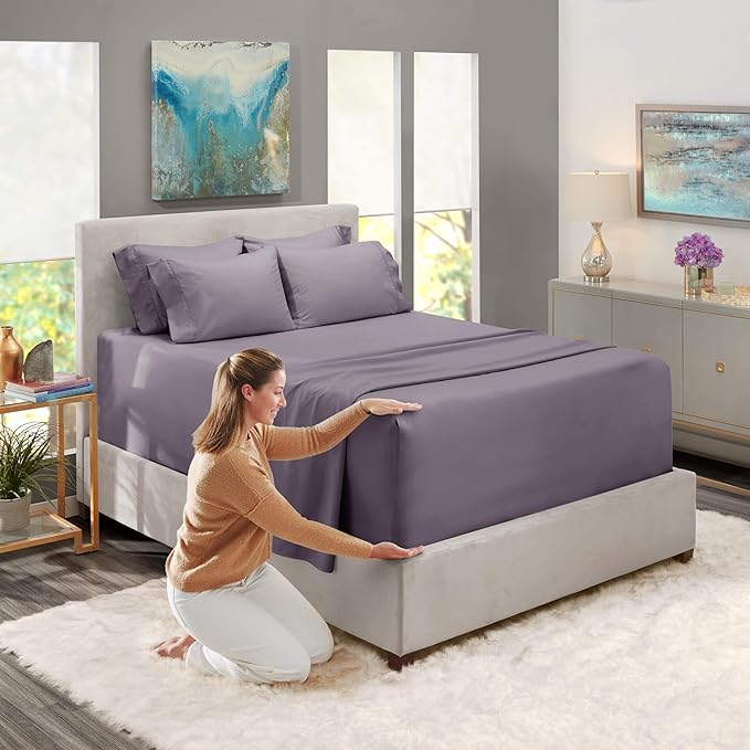 Hearth & Harbor Bed Sheets, Luxury Soft 6 Piece Bed Sheet Set Extra Deep Pocket Fitted Sheets Fits Mattress up to 21", Double Brushed Bedding Sheets & Pillowcases, Full, Purplish Gray