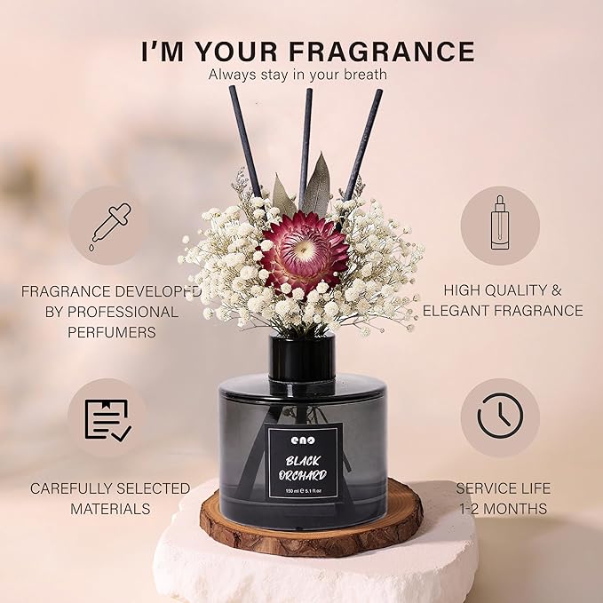 Reed Diffuser Set with Dried Flowers, 5.1oz Essential Oil Home Fragrance, Long Lasting Air Freshener for Bathroom Shelf Decor, Housewarming Gift,Black Orchid Scent
