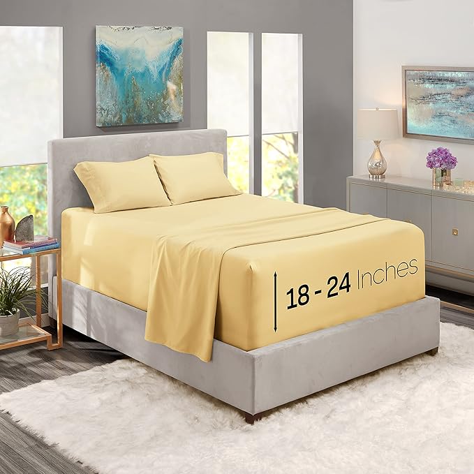 Nestl California King Size Sheet Set, 4 Piece Extra Deep Pocket (18-24 inches), Microfiber, Hotel Luxury, Soft, Breathable, Wrinkle-Free, Easy to Care, Vanilla Yellow